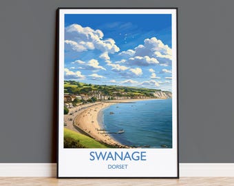 Swanage Bay Travel Print, Travel Poster of Swanage Bay, England, Dorset Coast Art Lovers Gift, Wall Art Print