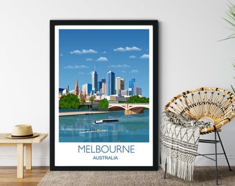May include: A black framed poster with a colorful illustration of the Melbourne skyline. The poster features a view of the city's skyscrapers, a bridge, and a river with a rowing team. The text "MELBOURNE AUSTRALIA" is printed at the bottom of the poster.