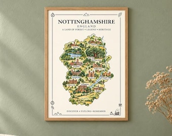 Nottinghamshire Illustrated Map Print, England Wall Art, Sherwood Forest Map Poster, Framed or Canvas Print, Notts Gift