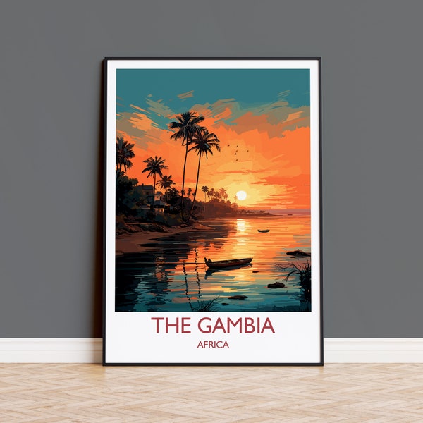 Die Gambia-Reise-Plakatwandkunst, Reiseplakat von Gambia, das Gambia-Geschenk, das Gambia-Sonnenuntergang Afrika, Afrika-Kunst-Liebhabergeschenk,