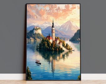 Lake Bled Travel Poster, Travel Print of Lake Bled, Slovenia, Slovenia Art, Lake Bled Gift, Wall Art Print