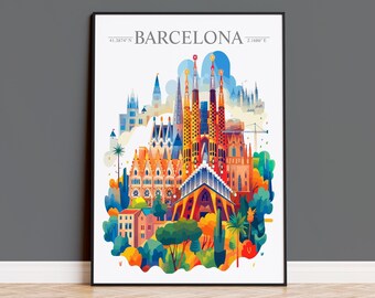 Barcelona Skyline Travel Print Wall Art, Barcelona Skyline Travel Poster, Barcelona City, Spain City Art,  Barcelona Art Lovers Gift