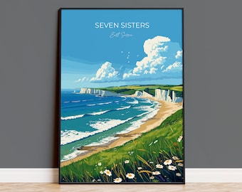 Seven Sisters Travel Print Wall Art, Seven Sisters Travel Poster, East Sussex, English Coastal Art, Seven Sisters Gift, Art Lovers Gift