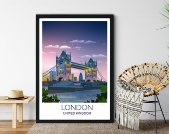 London Tower Bridge Art Print, United Kingdom Travel Poster, Cityscape Wall Art