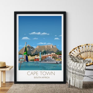Poster de voyage du Cap, impression de voyage du Cap, ville du Cap, Afrique du Sud, affiche de voyage d&#39;Afrique du Sud, paysage urbain du Cap