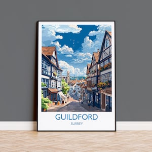 Guildford Travel Print, Travel Poster of Guildford, Surrey Poster, Guildford Art Gift, London Art Lovers UK Travel Gift