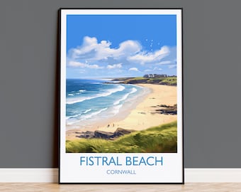 Fistral Beach Travel Poster, Travel Print of Cornwall, England, Cornwall Art, Fistral Beach Gift, Wall Art Print