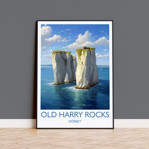 Impresión de Old Harry Rocks, póster de viaje de Old Harry Rocks, Inglaterra, arte de la costa de Dorset, regalo de Dorset, impresión de arte de pared