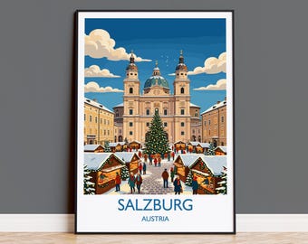 Salzburg Christmas Market Print, Austria Winter Wall Art with Border, Salzburg Cathedral Poster, Austrian Travel Print, Salzburg Gift