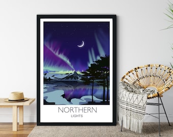 Northern Lights Poster, Aurora Borealis Travel Print, Northern Lights Artwork, Travel Print of Northern Lights