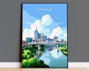 May include: A framed art print showing a stylized illustration of the Nashville, Tennessee skyline. The artwork depicts the city's buildings, bridges, and river under a blue sky with fluffy clouds. The word "Nashville" is written at the top.