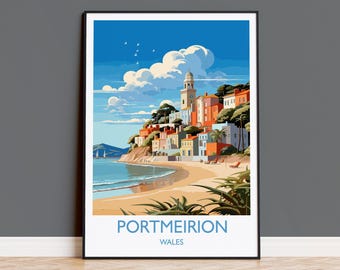 Impresión de arte mural de Portmeirion, póster de viaje de Portmeirion, Gales, arte galés, regalo de Portmeirion, impresión de arte mural