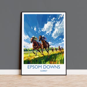 Epsom Downs Travel Poster Wall Art, Travel Print of Epsom Downs, Surrey, England, Epsom Downs Races Art Lovers Gift, England Art Gift