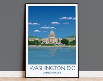 Washington DC Travel Print, Travel Poster of Washington, City of Washington DC, USA City Art Lovers Gift,  Washington Capitol Building