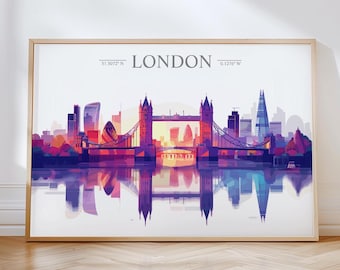 London Skyline Travel Poster Wall Art Landscape, Travel Print of London, London Art Lovers Gift,  UK Art Gift