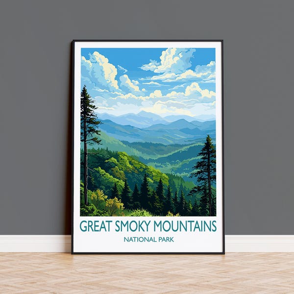 Impresión de las Grandes Montañas Humeantes, póster de viaje del Parque Nacional de las Grandes Montañas Humeantes, EE. UU., regalo de viaje