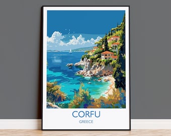 Corfu Travel Print, Travel Poster of Corfu, Greece Gift, Greek Islands Art Lovers Gift, Corfu Gift Art, Wall Art Print