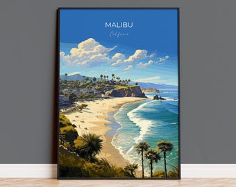 Malibu Travel Print, Travel Poster of Malibu, California, Malibu Art Lovers Gift, USA Gift, Wall Art Print