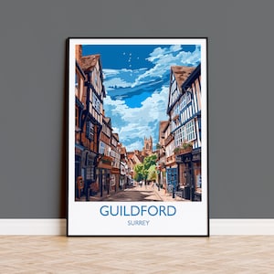 Guildford Travel Poster, Travel Print of Guildford, Surrey Poster, Guildford Art Gift, London Art Lovers UK Travel Gift