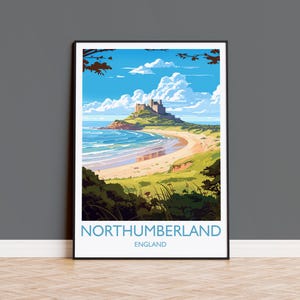 Northumberland Travel Print, Travel Poster of Northumberland Coast,  England, Northumberland Art, Bamburgh Castle Gift, Wall Art Print