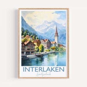 Interlaken-poster, reisafdruk van Interlaken, Zwitserland, Interlaken-cadeau, reisaquarelcadeau