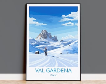 Affiche de voyage d'art mural Val Gardena, impression de voyage de Val Gardena, cadeau d'art affiche de ski, cadeau pour les amateurs de voyage d'art de ski des Dolomites en Italie