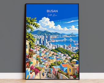 Busan Travel Poster, South Korea Wall Art, Gamcheon Village Print, Gwangan Bridge Poster, Busan Gift