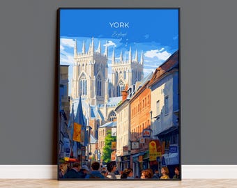 May include: A framed art print of York, England, featuring a detailed illustration of a cathedral and a bustling street scene. The artwork has a blue sky background with the text "YORK England". The buildings are rendered in warm tones.