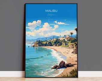 Malibu Travel Poster, Travel Print of Malibu, California, Malibu Art Lovers Gift, USA Gift, Wall Art Print