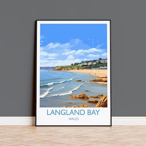 Langland Bay Travel Print Wall Art, Langland Bay Travel Poster, Mumbles Art Gift, Wales, Welsh Art Lovers Gift, Wall Art Print