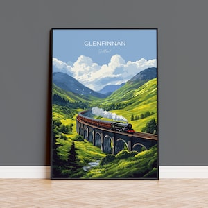 Glenfinnan Viaduct Travel Poster Wall Art, Scottish Highlands Art, Railway Bridge Print, Scotland Landscape, Steam Train Decor Artwork
