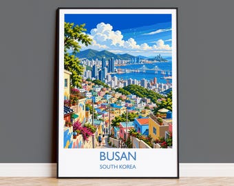 Busan Travel Print, South Korea Wall Art with Border, Gamcheon Culture Village Poster, Gwangan Bridge Art Print, Busan Gift