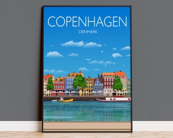 Cartel de Copenhague, Impresión de viaje de Copenhague, Ciudad de Copenhague, Dinamarca, Cartel de viaje de Dinamarca, Paisaje urbano de Copenhague