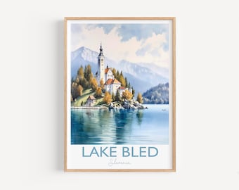 Lake Bled Print, Travel Poster of Lake Bled, Slovenia, Slovenia Gift, Travel Watercolour Gift