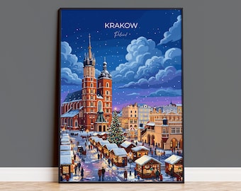 Krakow Christmas Market Poster, Poland Winter Wall Art, St Mary’s Basilica Print, Festive Travel Poster, Krakow Gift