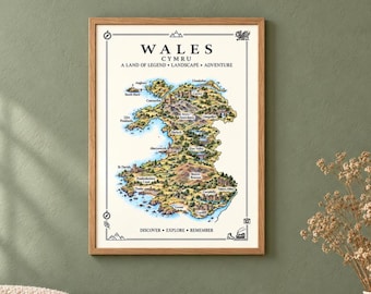 Wales Illustrated Map Print, Welsh Wall Art, Snowdonia Map Poster, Framed or Canvas Print, Wales Gift Print