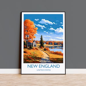 New England Poster, Travel Print of New England, New England State, Autumn Fall Art Gift, USA, Travel Gift