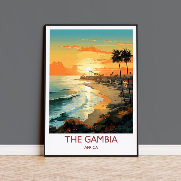 Gambia Reise-Druck, Reiseplakat von Gambia, Gambia Geschenk, Gambia Sonnenuntergang Afrika, Afrika Kunstliebhaber Geschenk, Wand Kunst Druck