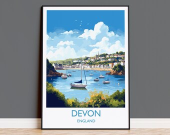 Devon Print Wall Art, Plakat podróżniczy z Devon, Anglia, Prezent artystyczny z Devon, Sztuka wybrzeża Devon, Anglia Wall Art Print