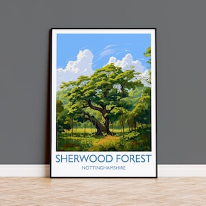 Sherwood Forest Reiseplakat Wandkunst, Reisedruck von Sherwood Forest, Major Oak, Nottinghamshire, England Landschaft Kunstliebhaber Geschenk
