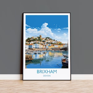 Brixham Travel Poster Wall Art, Travel Print of Brixham,  England, Devon Art Lovers Gift, English Countryside
