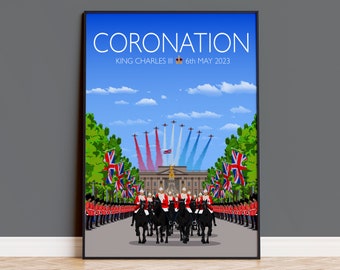 King Charles III Coronation Print, London Travel Poster, Buckingham Palace, The Mall, City of London, UK, Limited Edition Print