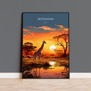 Botswana Reisedruck, Reiseplakat von Botswana, Botswana Geschenk, Botswana Sonnenuntergang Afrika, Afrika Kunstliebhaber Geschenk, Wand Kunst Druck