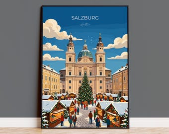 Salzburg Christmas Market Poster, Austria Winter Wall Art, Salzburg Cathedral Print, Austrian Festive Travel Poster, Salzburg Gift
