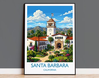 Santa Barbara Travel Print, California Wall Art with Border, Santa Barbara Courthouse Poster, Spanish Colonial Art Print, California Gift