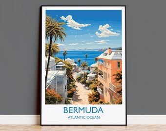 Plakat z Bermudami, wydruk podróżniczy z Bermudów, Ocean Atlantycki, prezent z Bermudów, miłośnicy sztuki ściennej z Bermudów, prezent podróżniczy