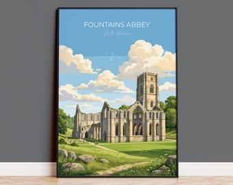 Fountains Abbey Poster, Yorkshire Wall Art, Ripon Abbey Ruins Print, England Travel Poster, Fountains Abbey Gift