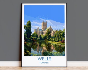 ウェルズ旅行ポスターウォールアート、ウェルズ大聖堂（イギリス）の旅行プリント、サマセットのアート愛好家へのギフト、旅行アートギフト