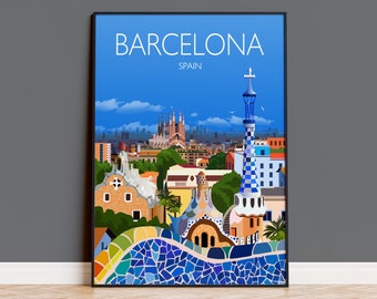 Barcelona Travel Poster Wall Art, Travel Print of Barcelona, City of Barcelona, Spain, Barcelona Art Lovers Gift, Barcelona Cityscape