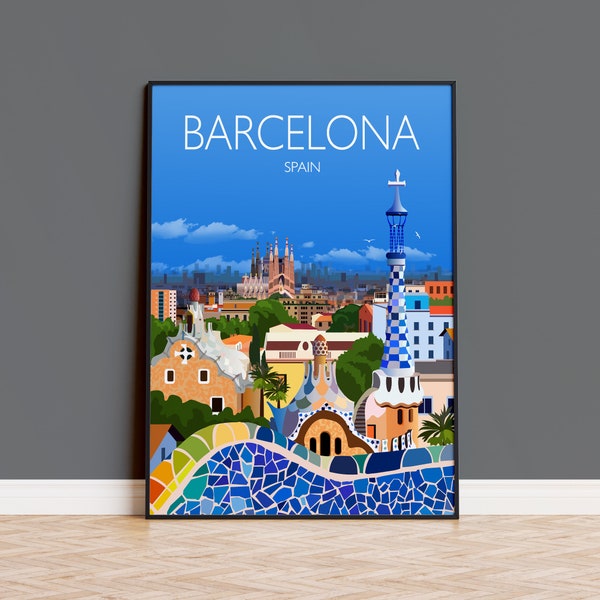 Art mural affiche de voyage à Barcelone, impression de voyage de Barcelone, ville de Barcelone, Espagne, cadeau pour les amateurs d'art de Barcelone, paysage urbain de Barcelone
